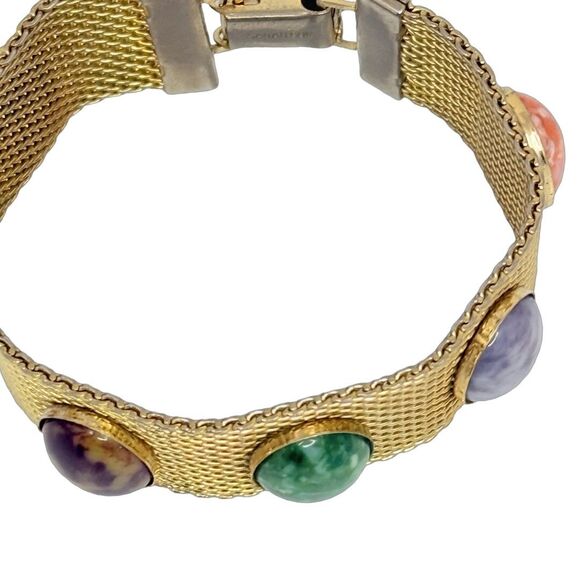 VTG Sarah Coventry Glass Cabochon Mesh Bracelet 8" Gold Tone Wide Multicolor - Picture 6 of 14